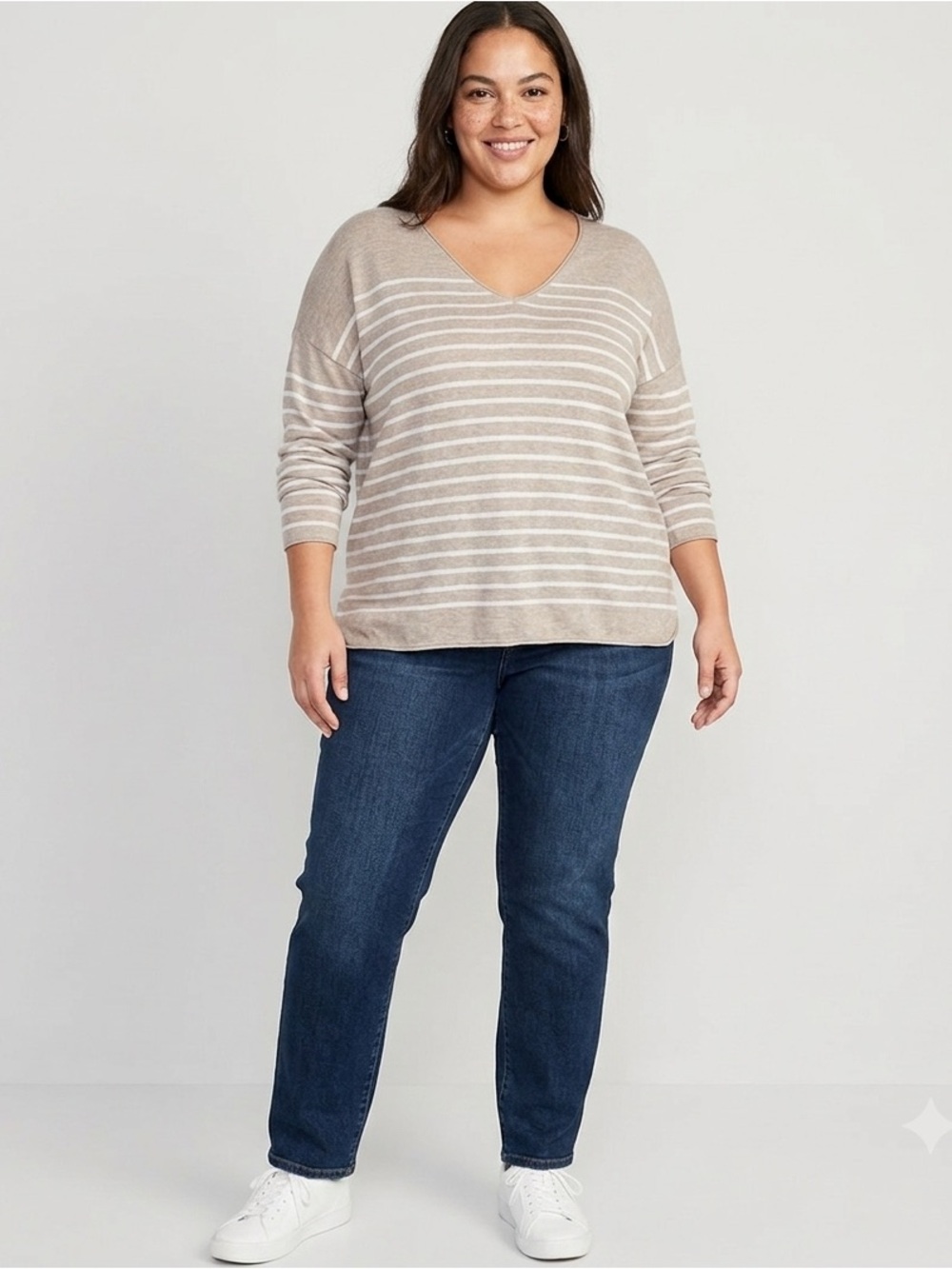 Old Navy Striped V-Neck Sweater in Taupe and White